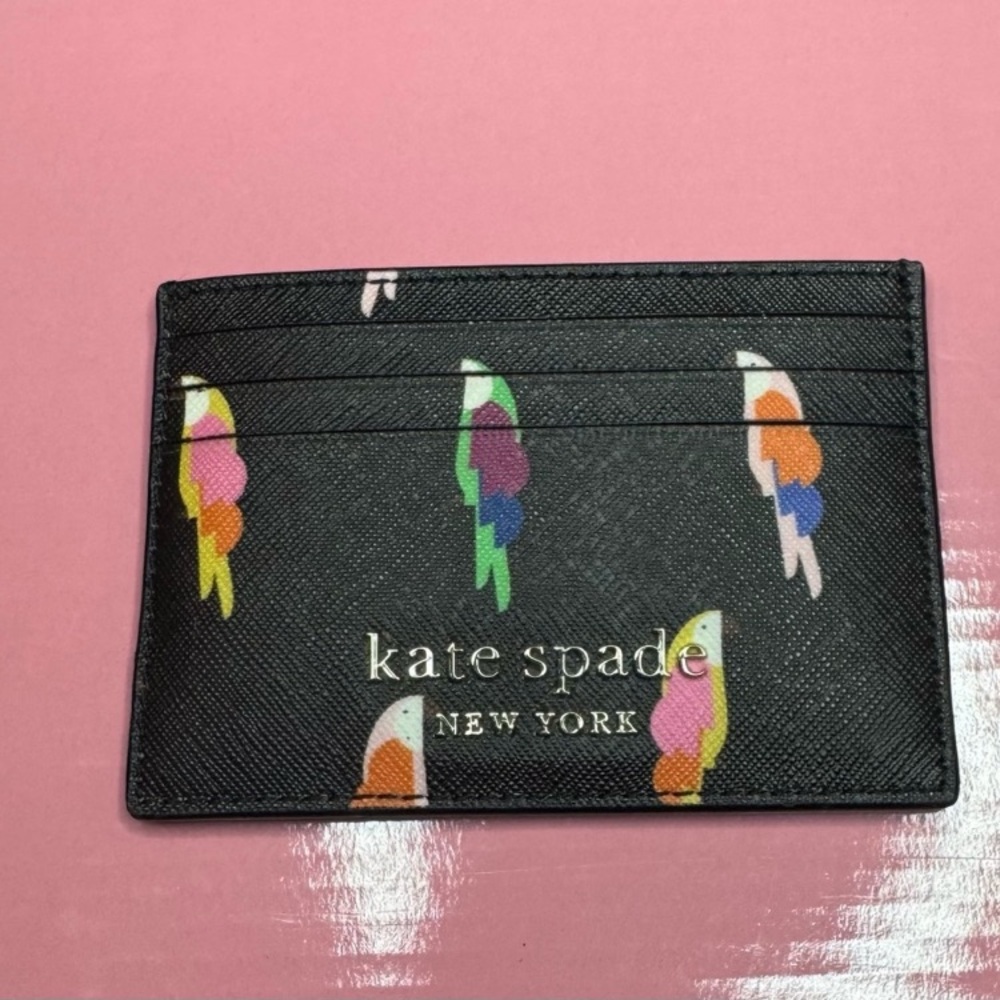 NWOT Kate Spade Black Card Holder with Colorful Parrots